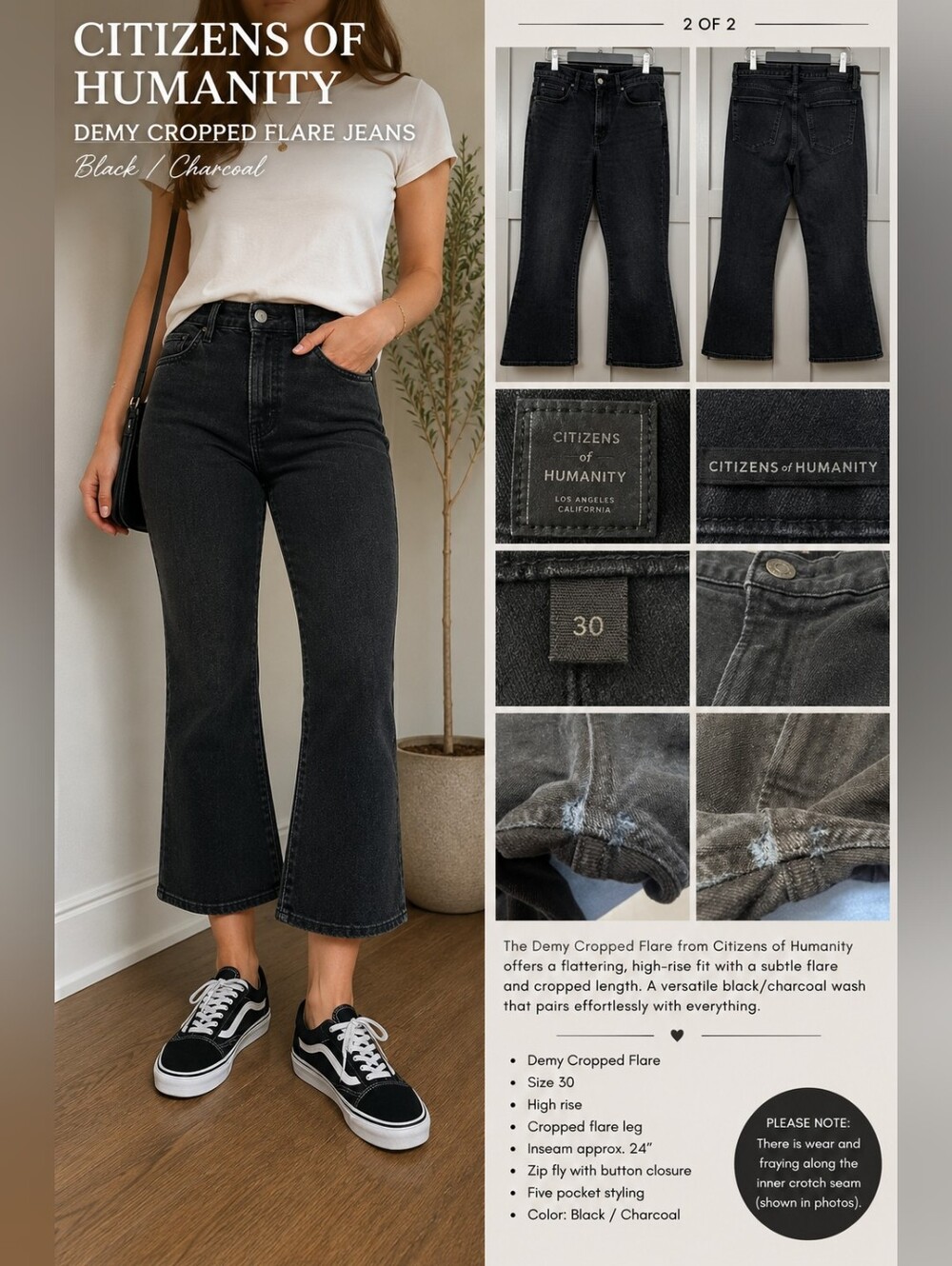 Citizens of Humanity Demy Cropped Flare Jeans Size 30 Black Charcoal
